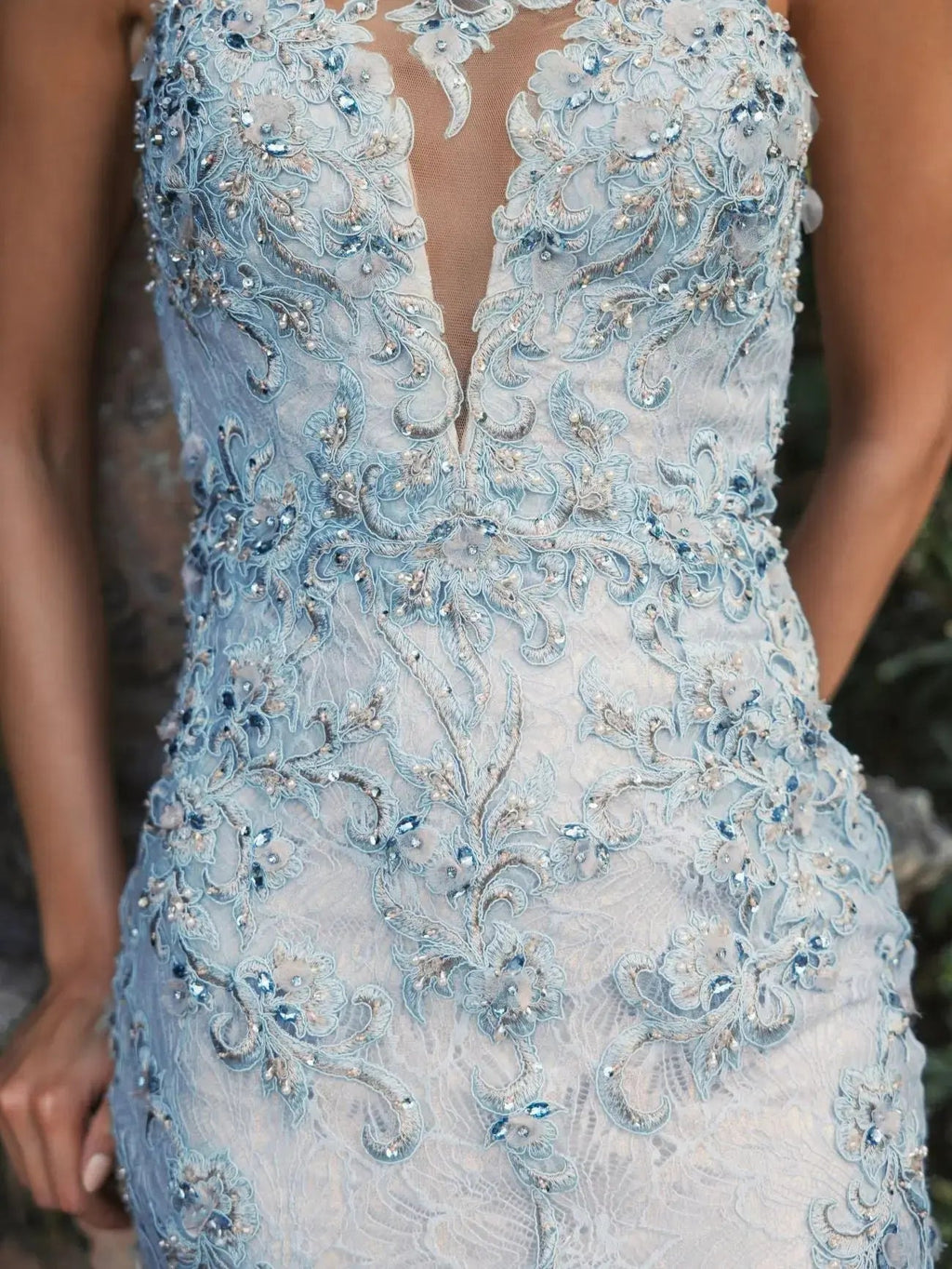 Blue Embellished Lace One Shoulder Gown With Feather Detail