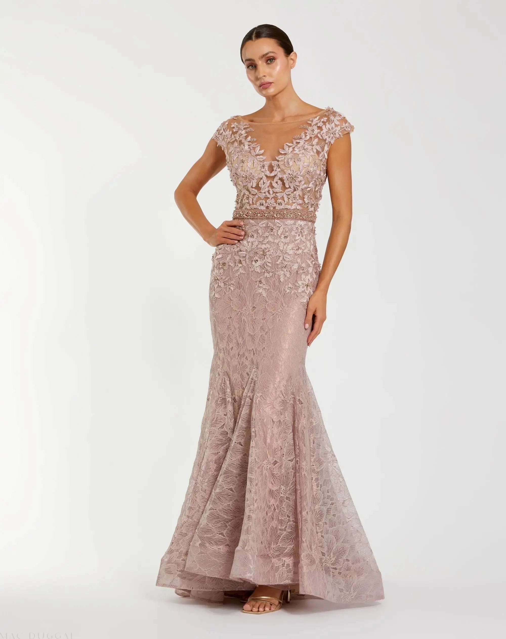 Pink High Neck Shoulder Flower Detail Mermaid Gown