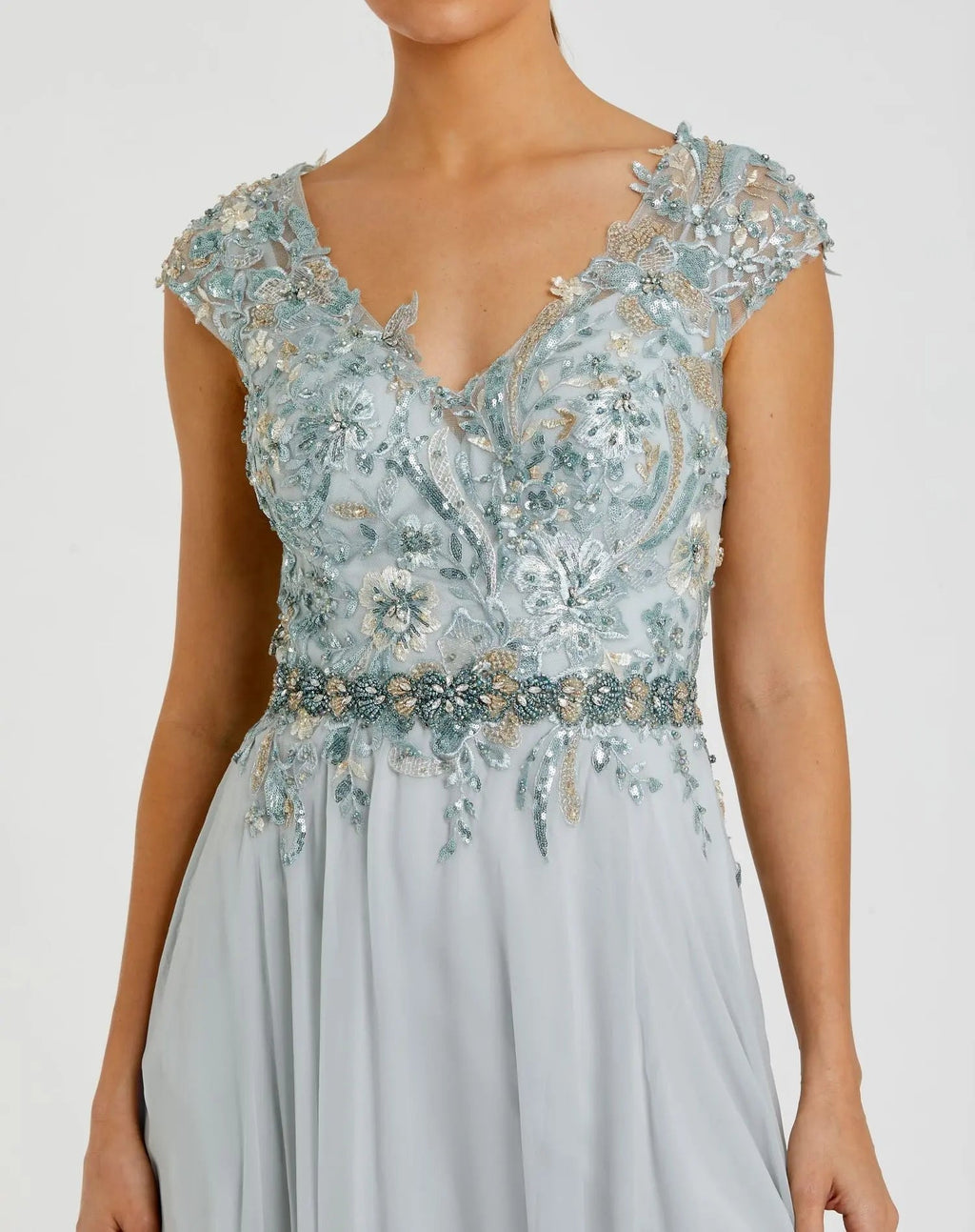 Blue Embellished Chiffon Cap Sleeve A-Line Gown