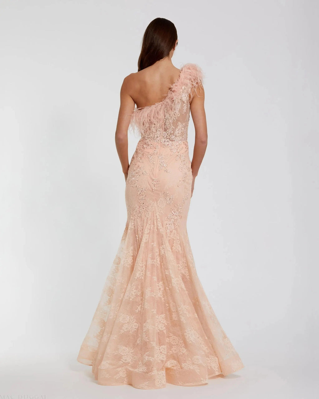 Pink One Shoulder Feather Embellished Mermaid Gown