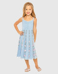 Girls Light Blue Ruffle Floral Embroidered Detail Mini Dress