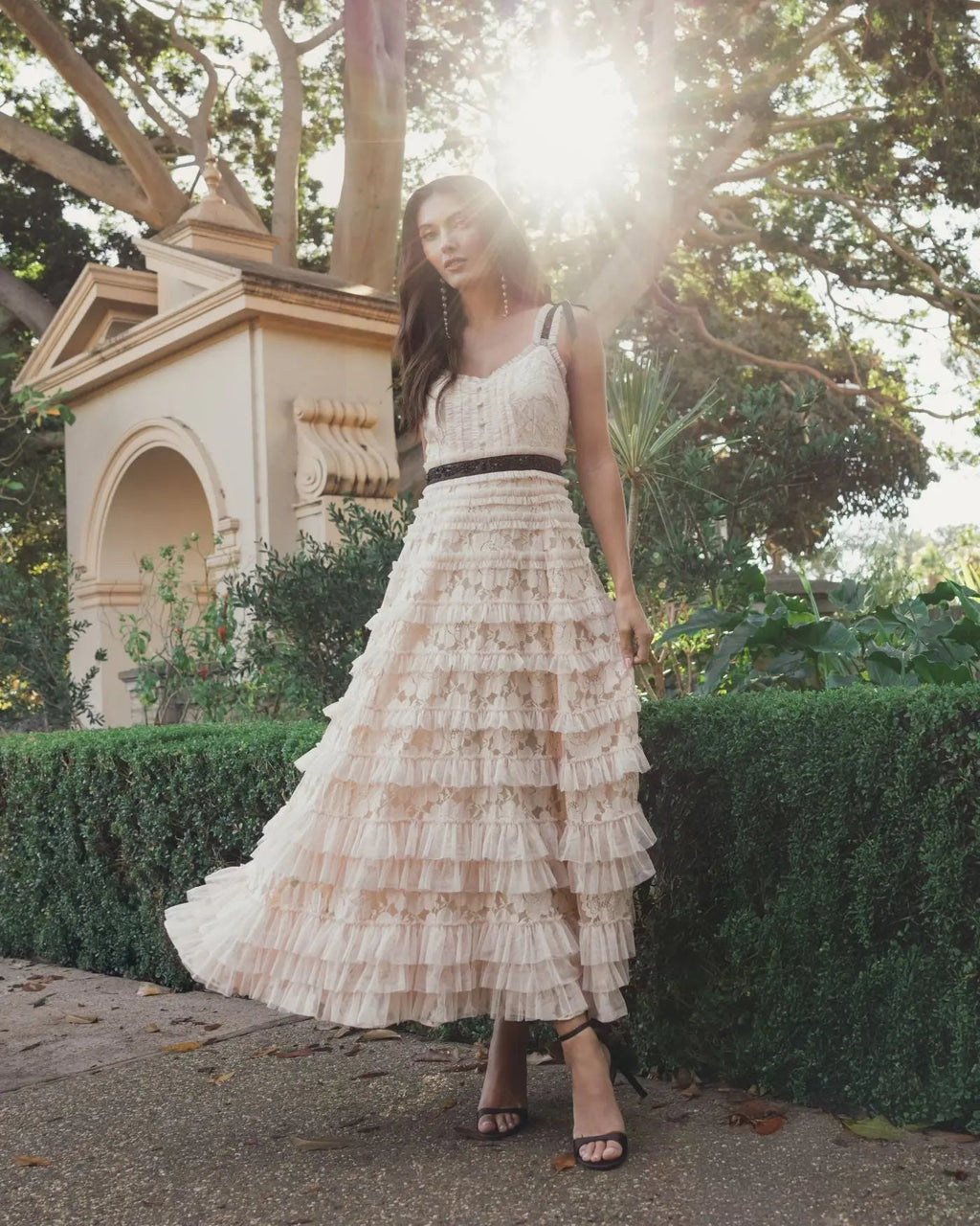 Pink Lace Tiered Midi Dress with Bow Straps