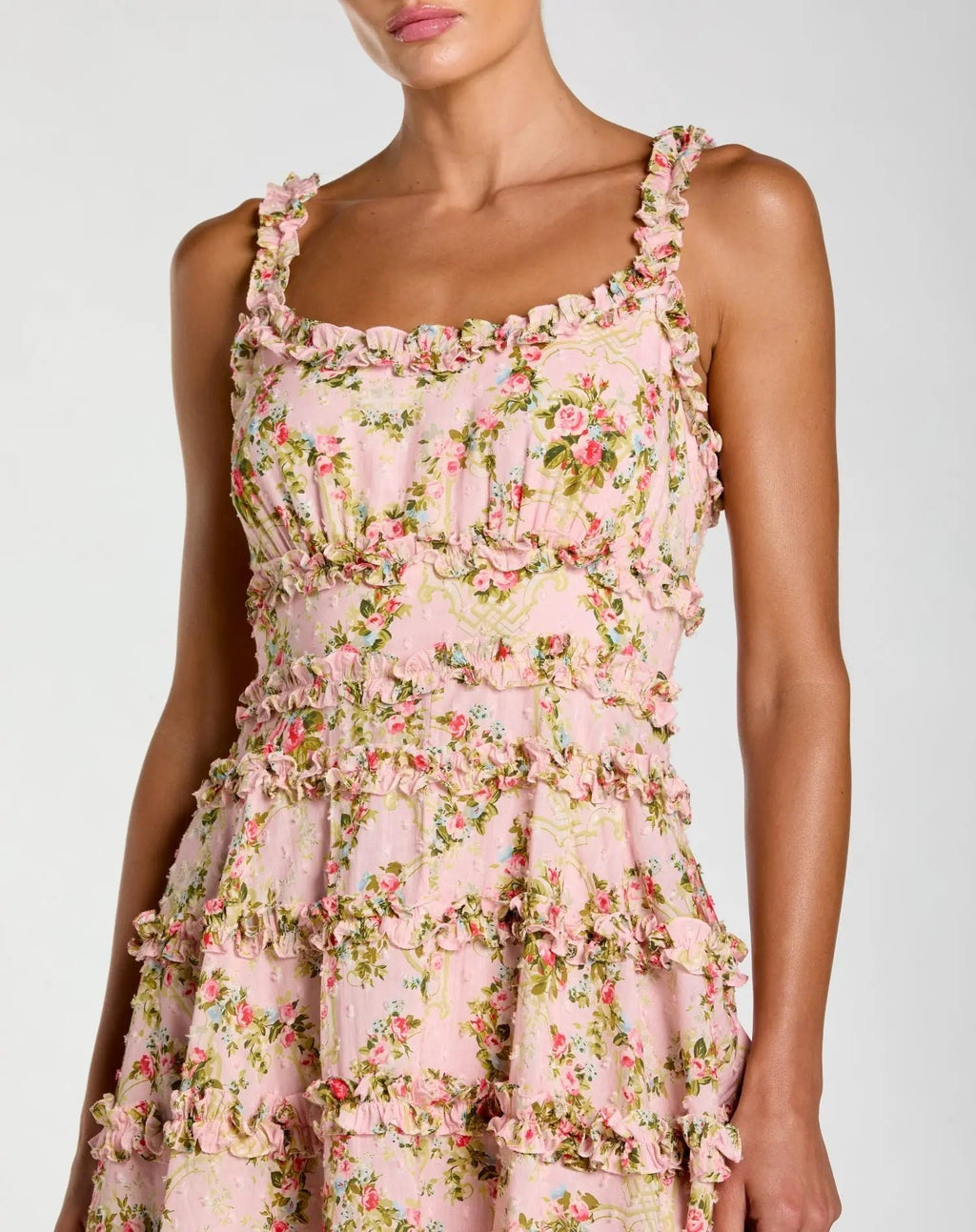 Pink Floral Square Neck Ruffled Cotton Mini Dress