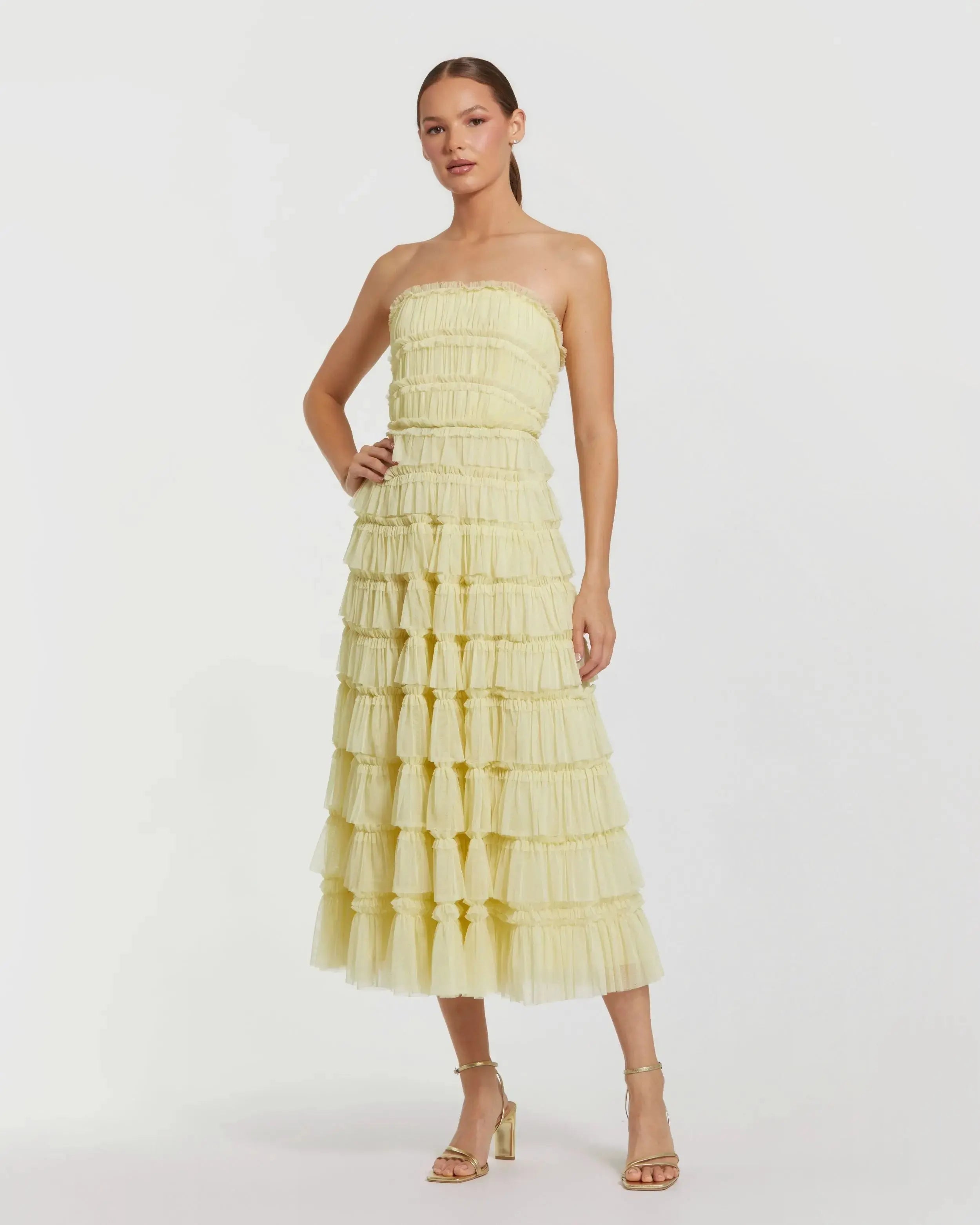 Yellow Micro Ruffle Strapless Midi Dress