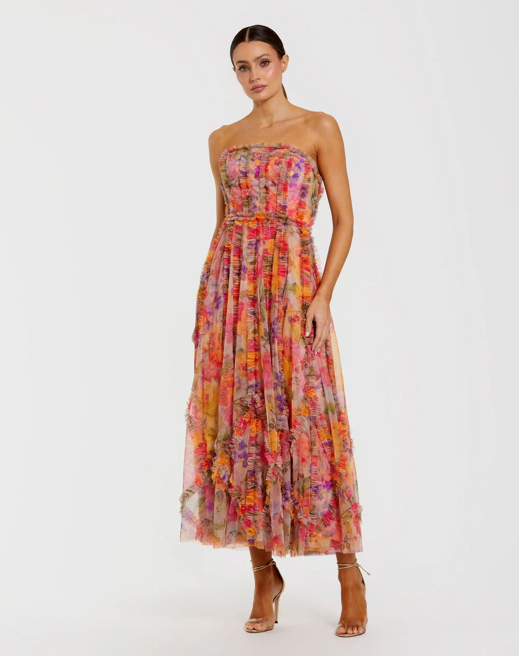 Multicolor Strapless Floral Ruffle Dress