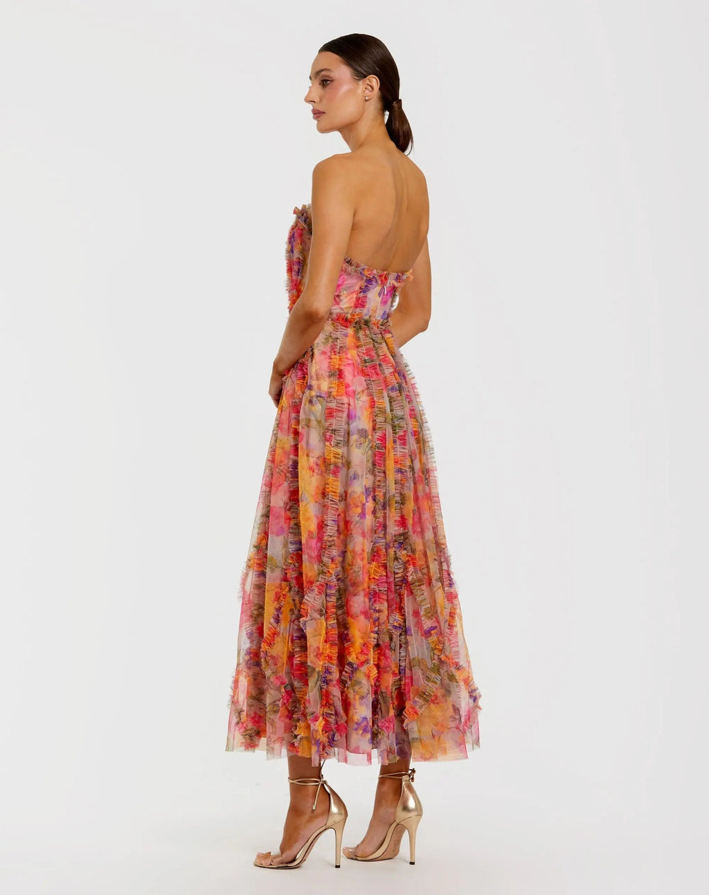 Multicolor Strapless Floral Ruffle Dress