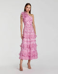 Pink Printed One Shoulder Ruffled A Line Midi Dress