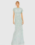 Blue Floral Embellished High Neck Flutter Sleeve Gown