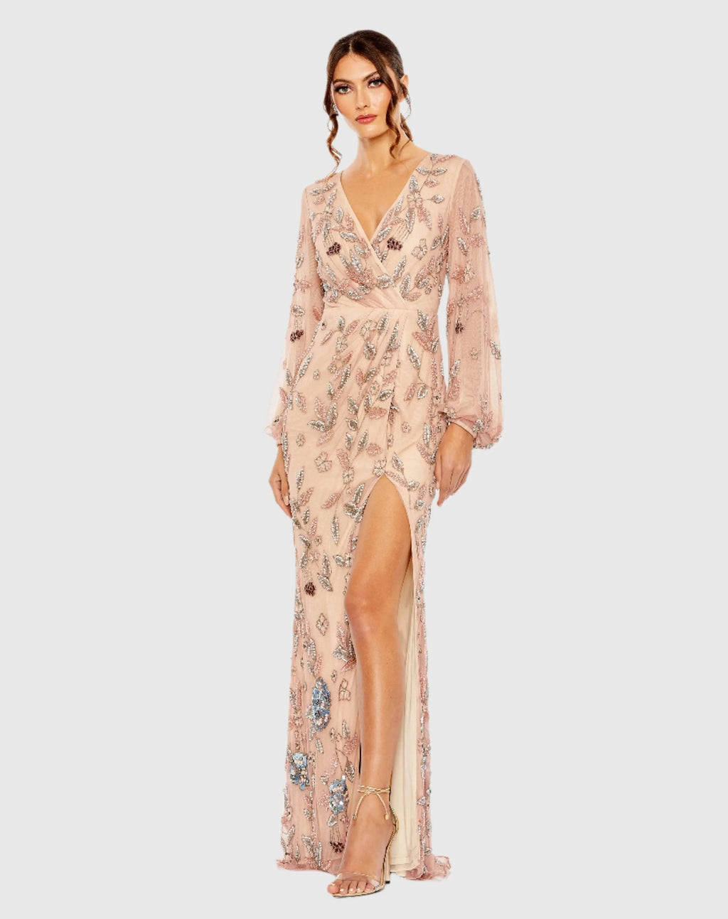 Pink Long Sleeve Floral Beaded Surplice Wrap Gown - FINAL SALE
