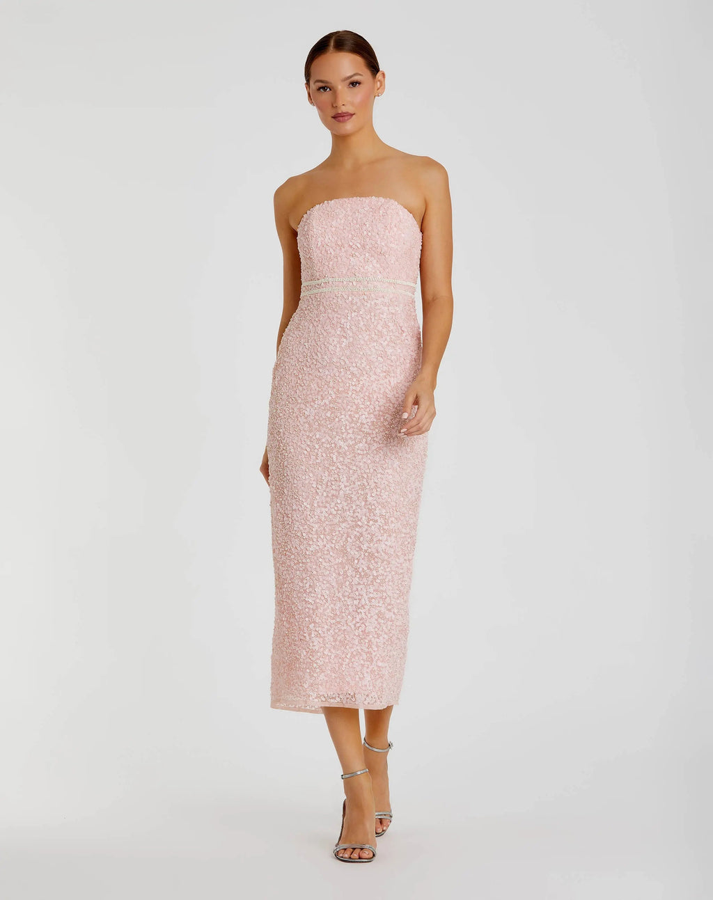 Pink Pearl Embellished Strapless Midi Dress