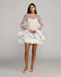 White Embellished Trapeze Mini Dress With Fringe Hem