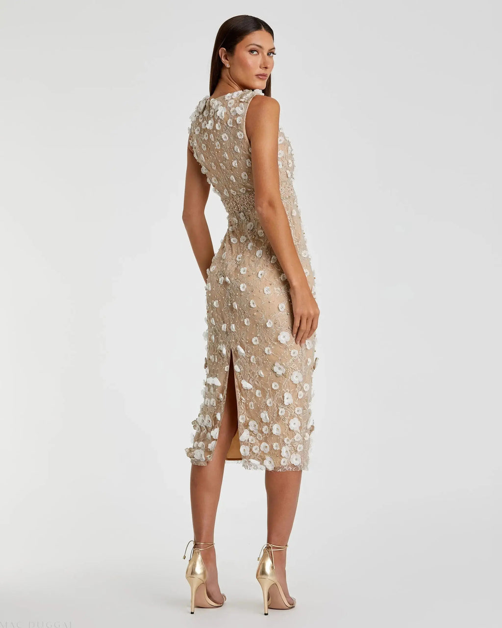 Petite Nude Floral Applique Sleeveless Midi Dress